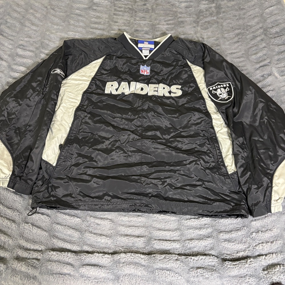 Reebok NFL Oakland Raiders V-Neck Windbreaker Pullover Black Silver‎ Large Y2K
